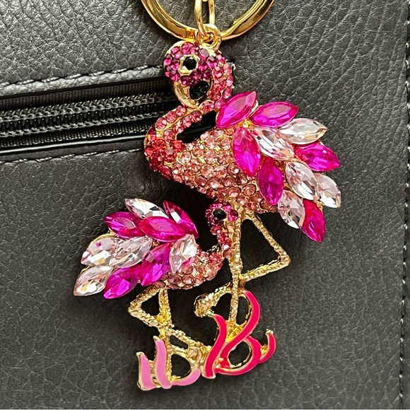 Whimsical Mother Baby Pink Crystal Flamingo Keychain Charm - Picture 8 of 16